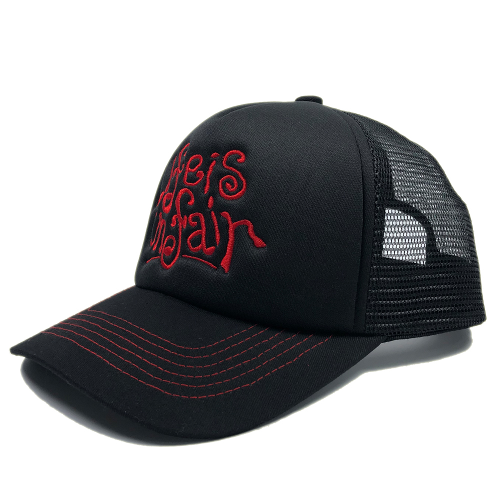 Stylish Black Embroidered Trucker Hat with Red Lettering
