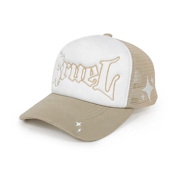 Beige and White Foam Trucker Hat with Gothic Letter Embroidery