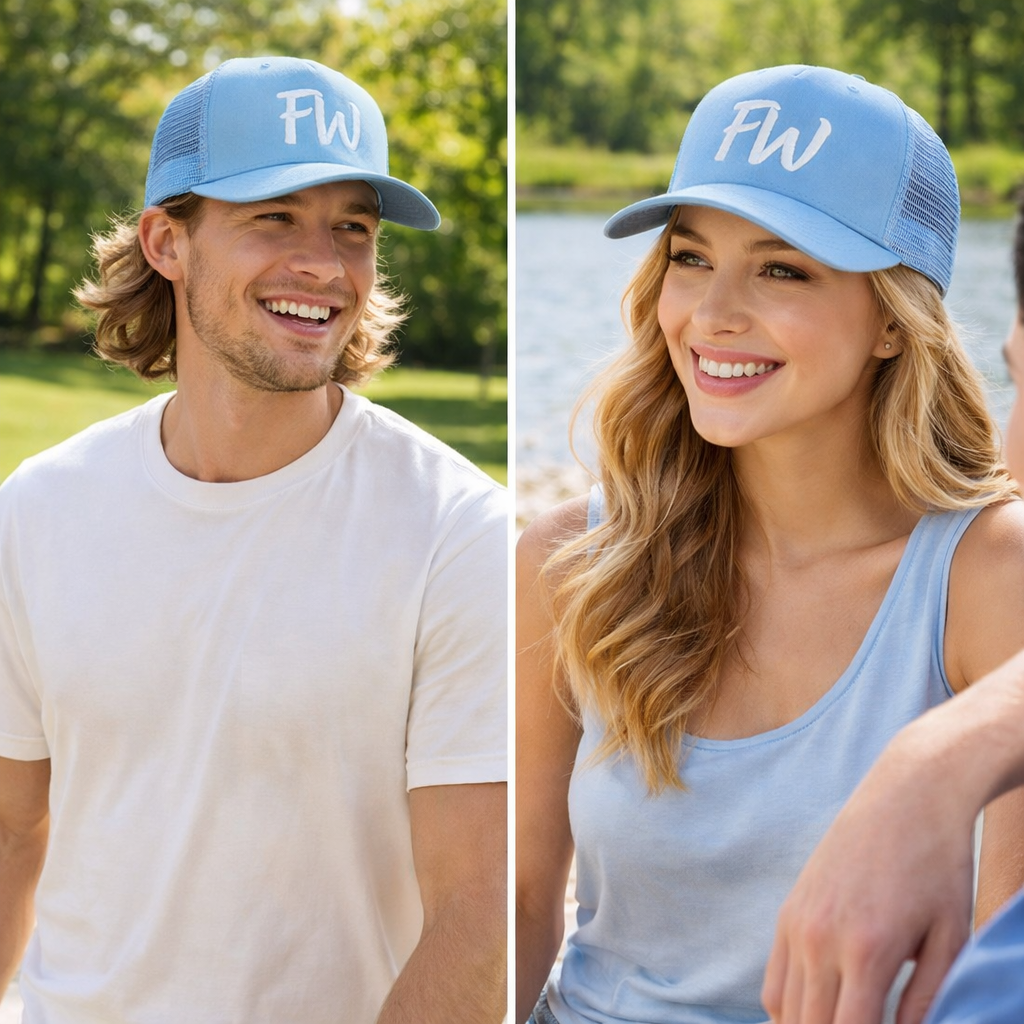 Light Blue Foam Trucker Hat with Flat Embroidered Logo