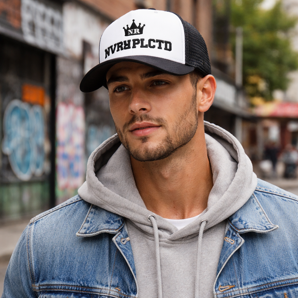 NVRRPLCTD Crown Logo Foam Front Trucker Cap – Black White Mesh Snapback