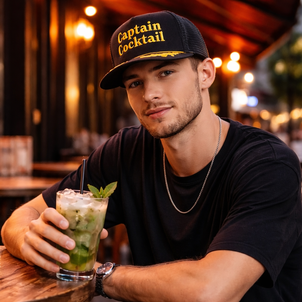 Captain Cocktail Embroidered Black Foam Trucker Hat with Mesh Back