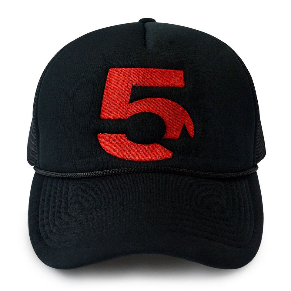 Black Foam Trucker Hat with Red Number 5 Flat Embroidery