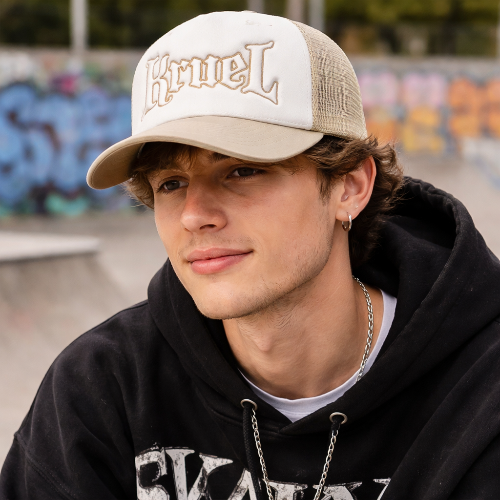 Beige and White Foam Trucker Hat with Gothic Letter Embroidery