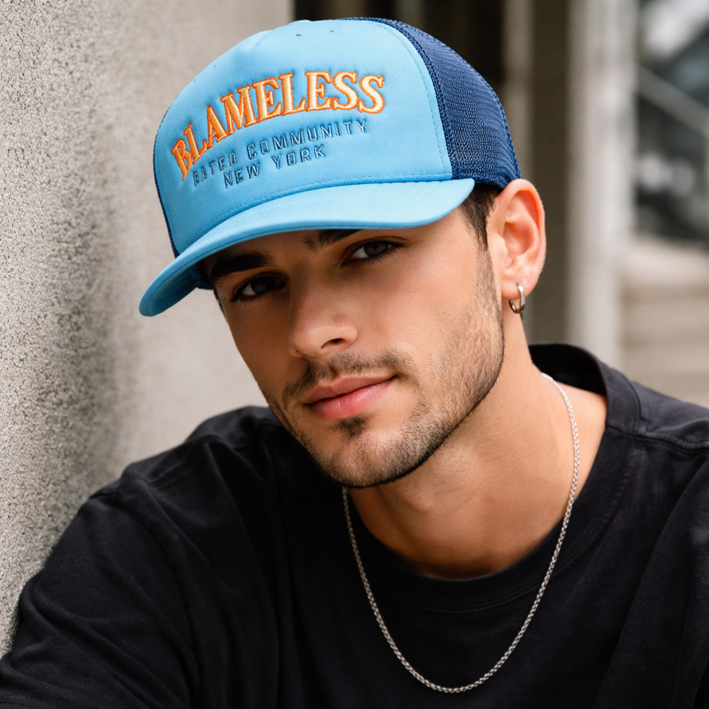 Blue Foam Mesh Trucker Hat with Flat Embroidered Logo