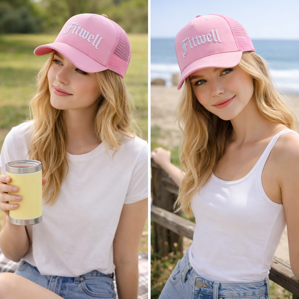 Pink Southway Foam Trucker Hat – Flat Embroidered Logo 5 Panel Mesh Cap