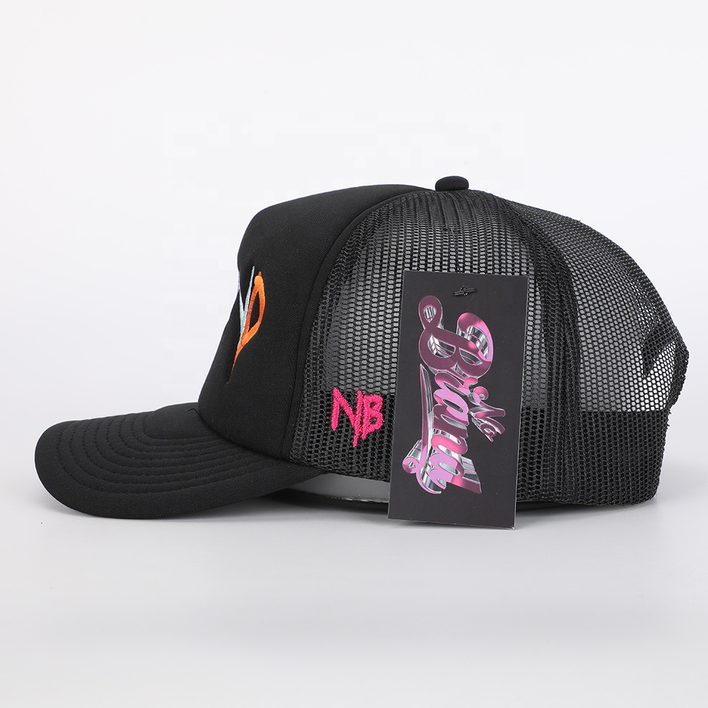 Black 5-Panel Foam Trucker Cap with Bold Logo Embroidery
