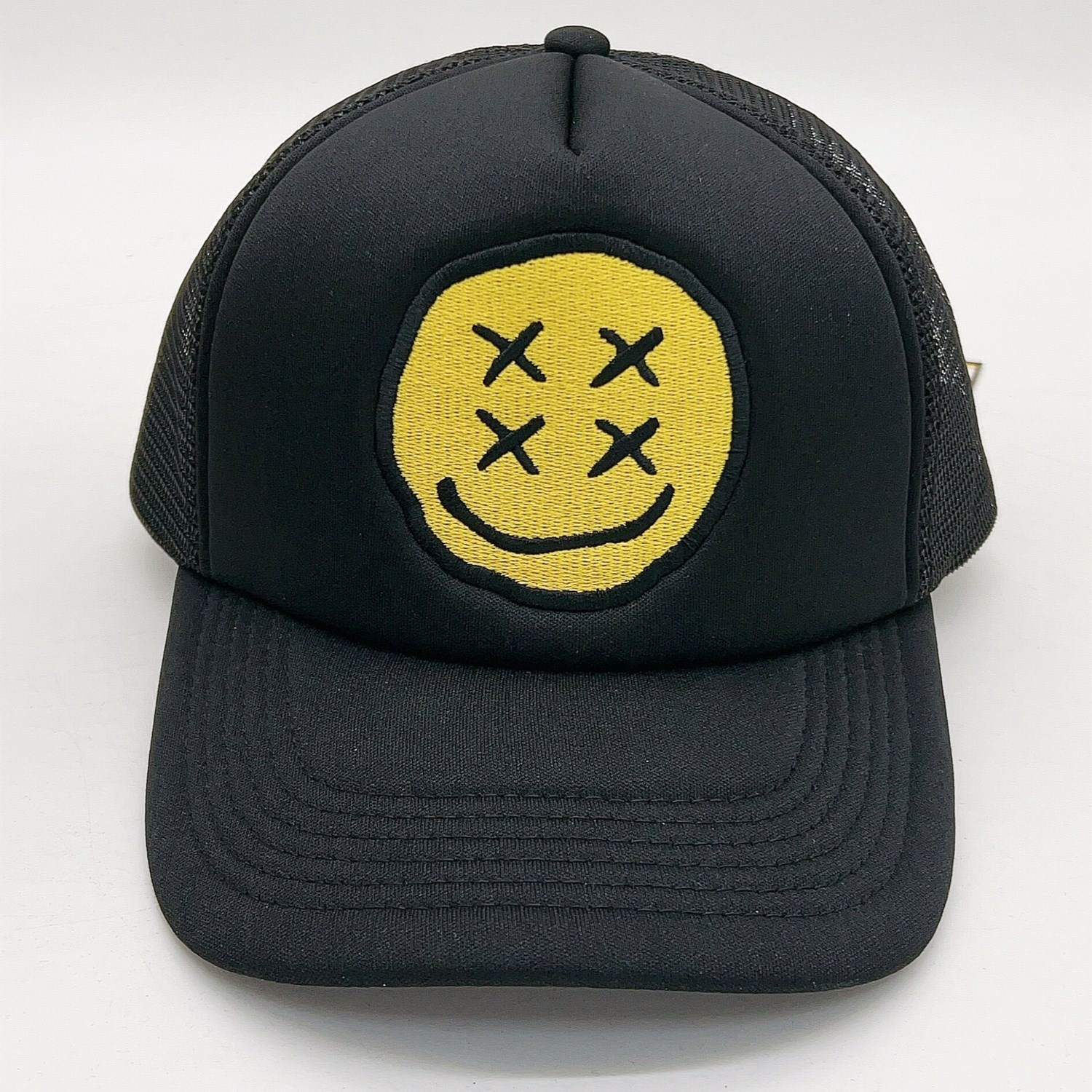 Bold Yellow Emoticon Trucker Cap – Black Mesh Style