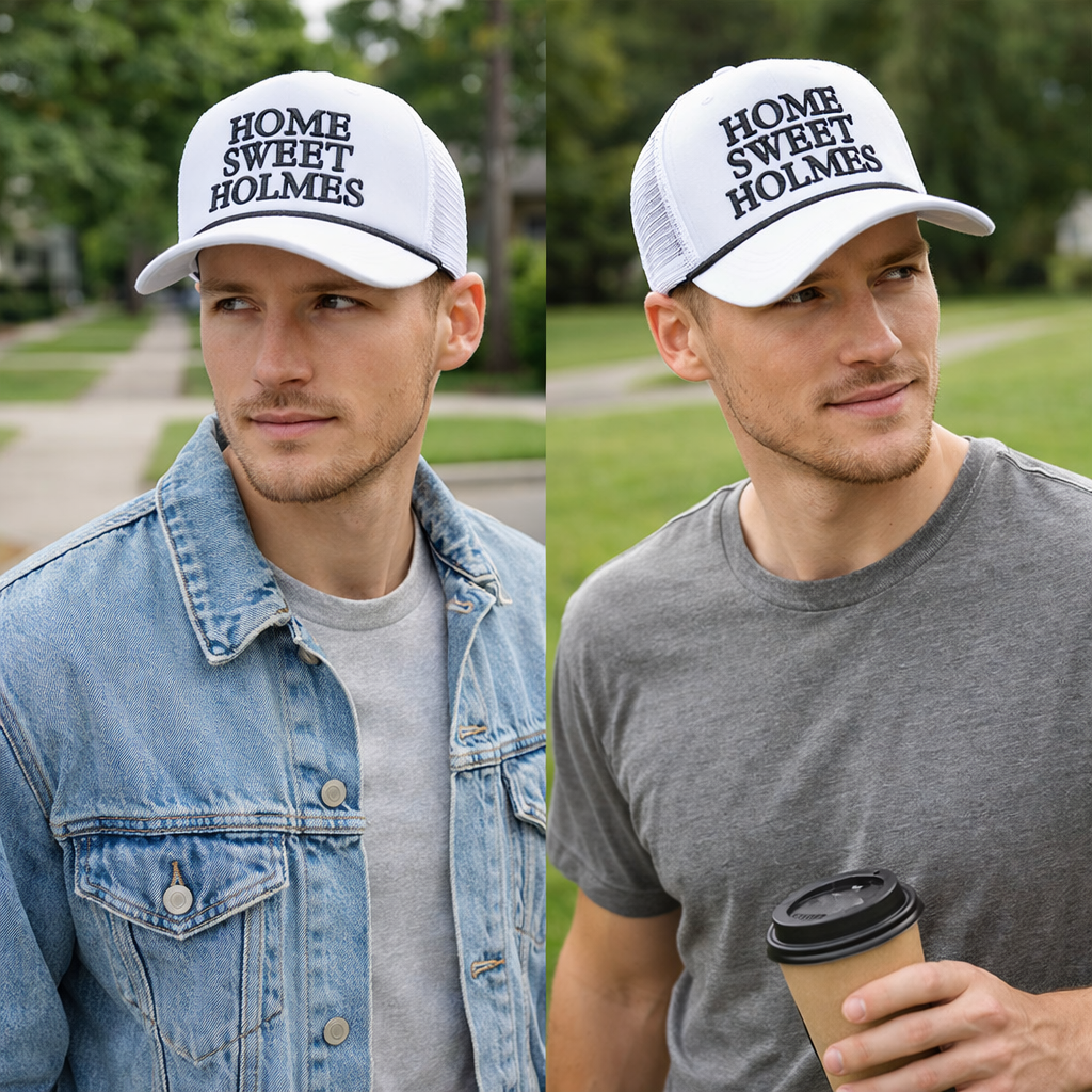 White Mesh Trucker Hat with HOME SWEET HOLMES 3D Embroidery – 5 Panel Foam Cap