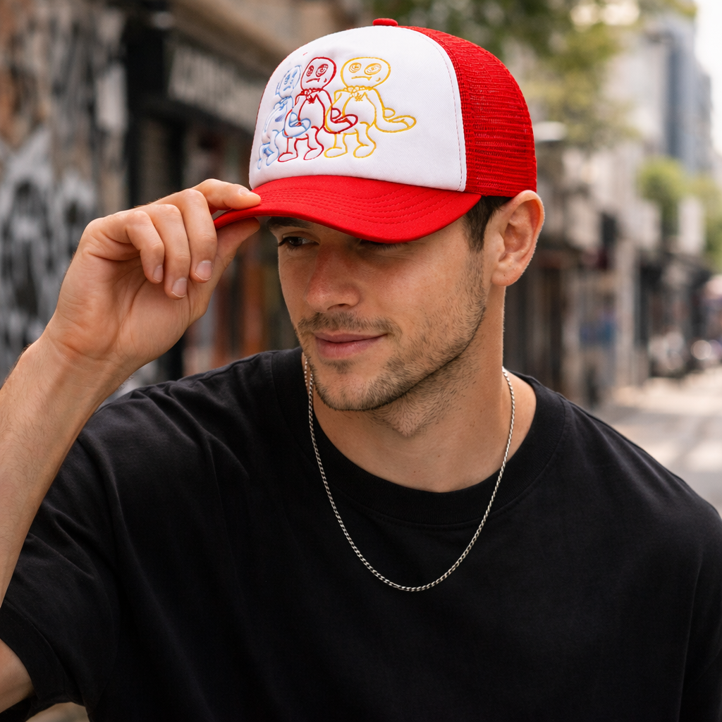 Colorful Cartoon Embroidered Foam Trucker Hat – Playful Mesh Cap for Street Style