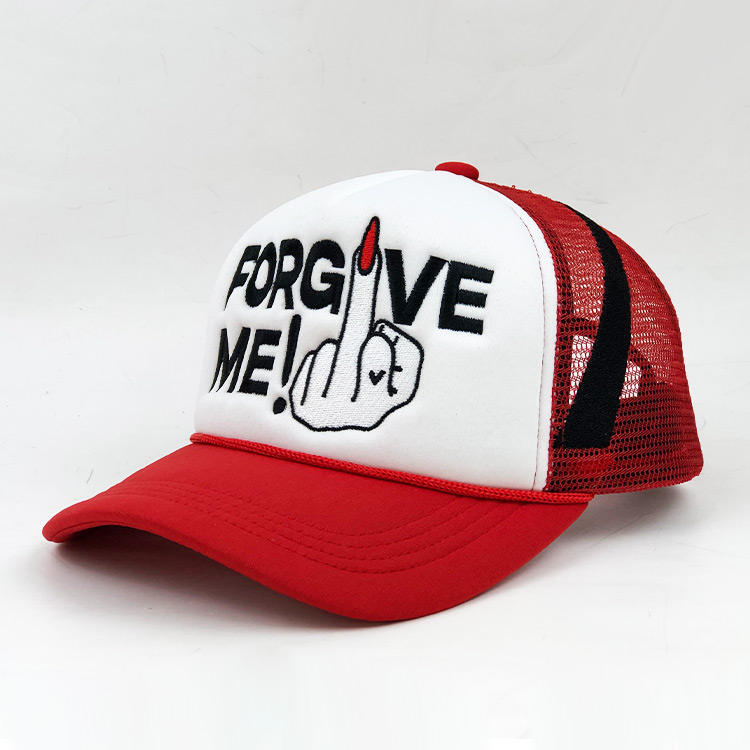 Red & White 5-Panel Foam Trucker Hat with Flat Embroidered Graphic