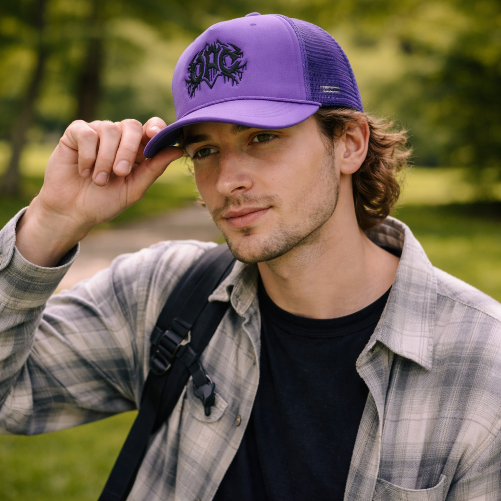 Metal-Inspired Graphic Foam Mesh Cap – Bold 5 Panel Curved Trucker Design