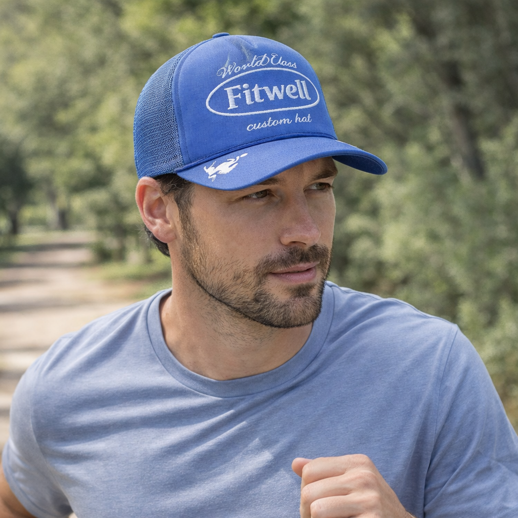 Blue Foam Front Mesh Trucker Hat with Flat Embroidery – 5 Panel Cap Design