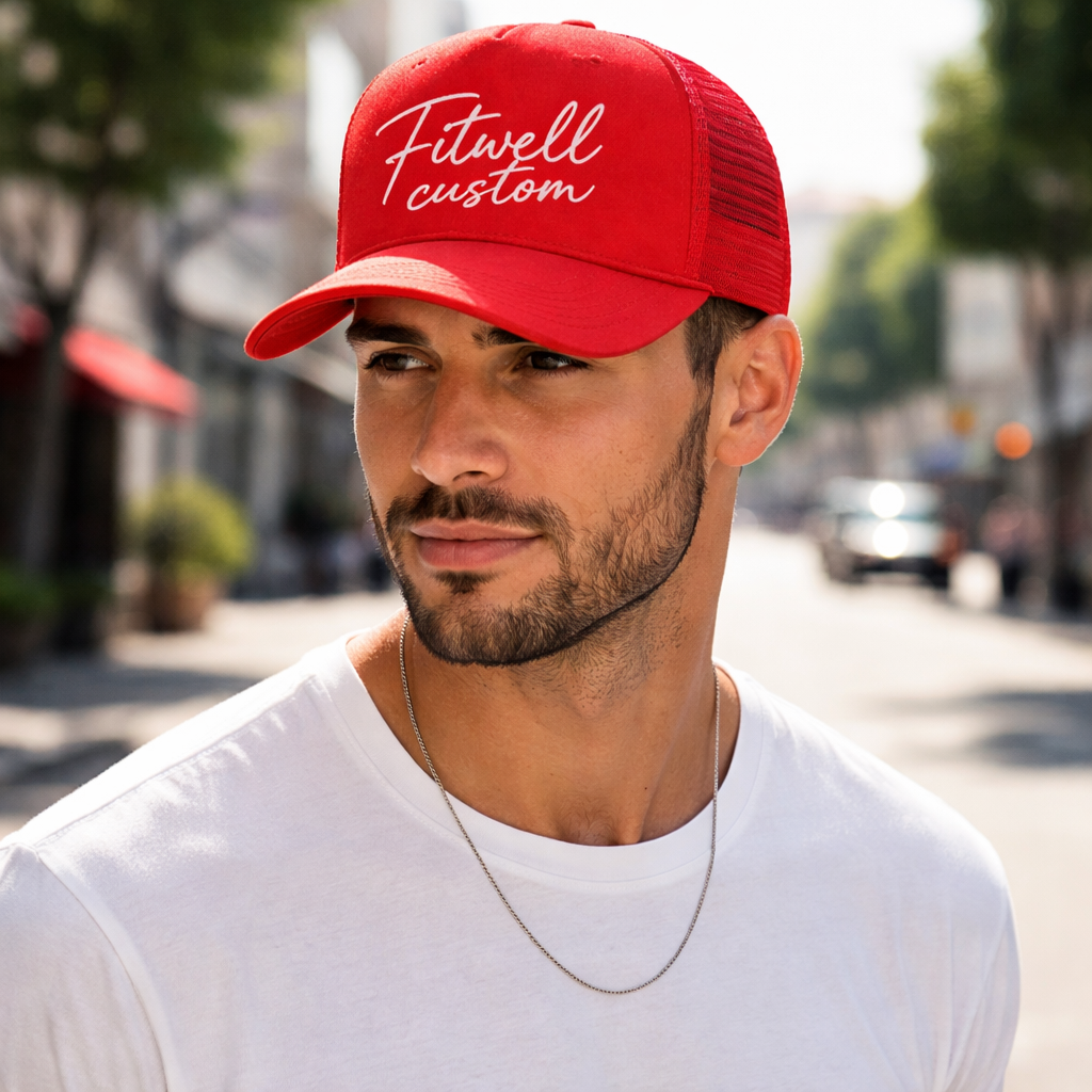 Red Trucker Hat with Sneaker Lover Embroidery