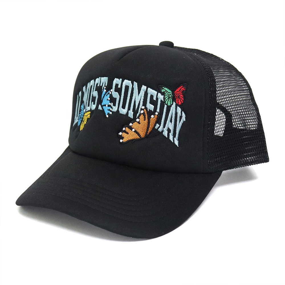 Butterfly Graphic Embroidered Black Mesh Back Trucker Cap
