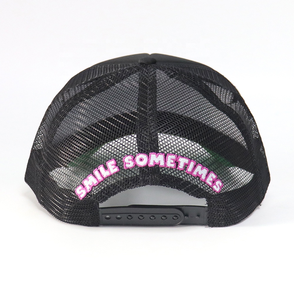 Black Foam Trucker Hat with Pink Embroidered Slogan and Rope Detail