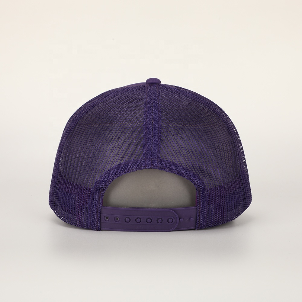 Purple Foam Trucker Cap with Rainbow Script Embroidery (5-Panel Mesh Back)