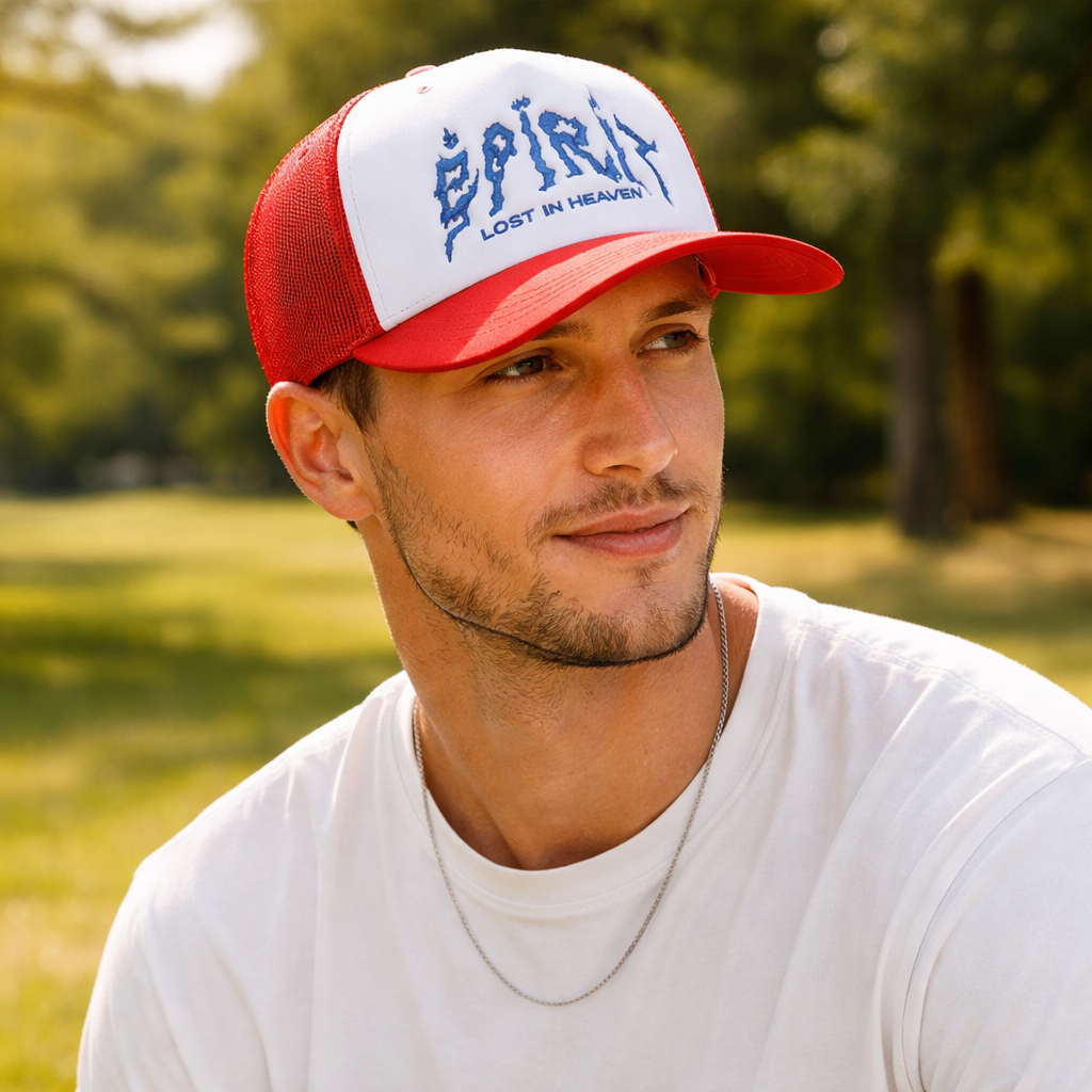 Spirit Lost in Heaven Flame Text Trucker Hat – 5 Panel Foam Cap
