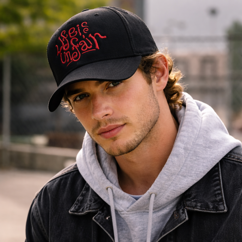 Stylish Black Embroidered Trucker Hat with Red Lettering