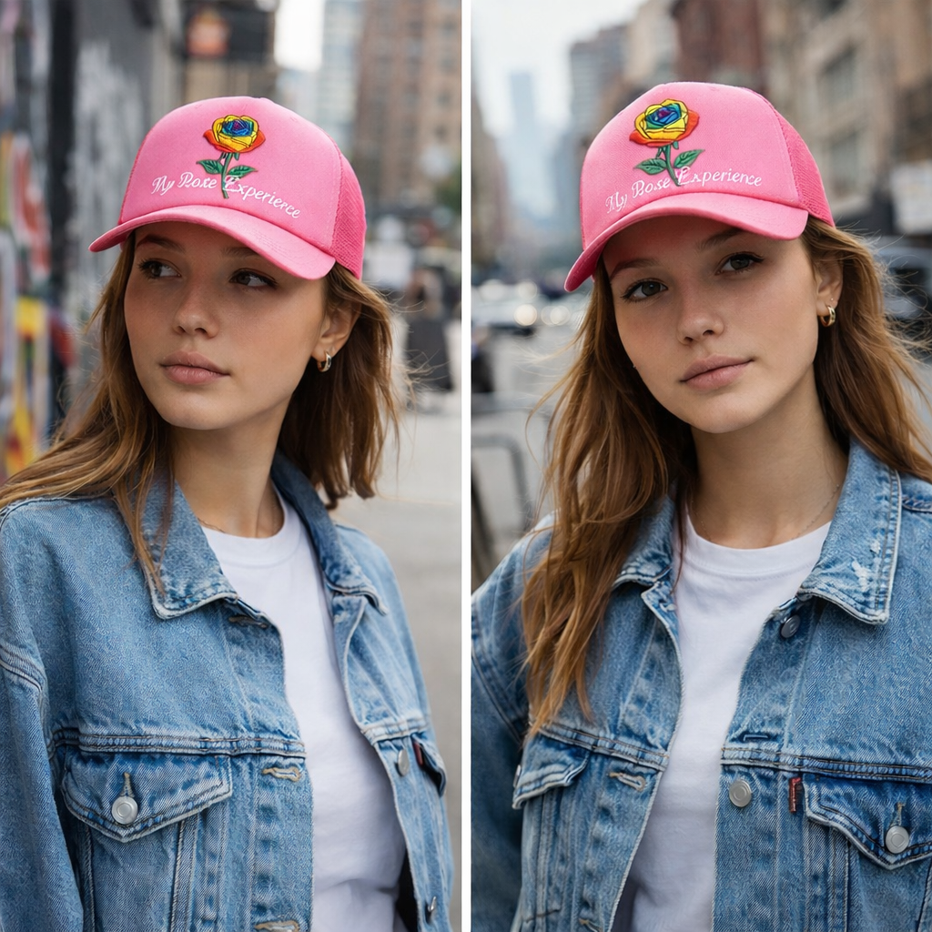 Pink Rose Embroidered Trucker Cap – Stylish Summer Mesh Hat