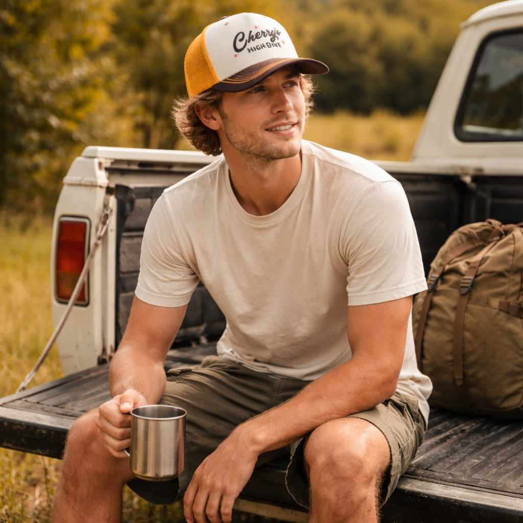 Retro Style Cherry’s Trucker Cap – Brown Yellow Mesh Snapback