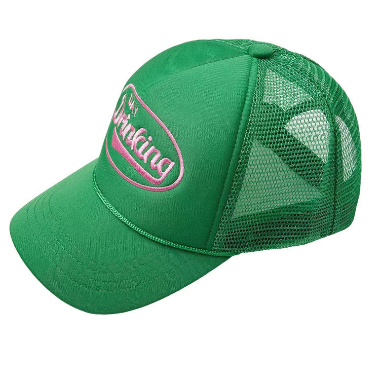 Green Foam Mesh Trucker Hat with Pink Embroidery – Drinking Logo Cap