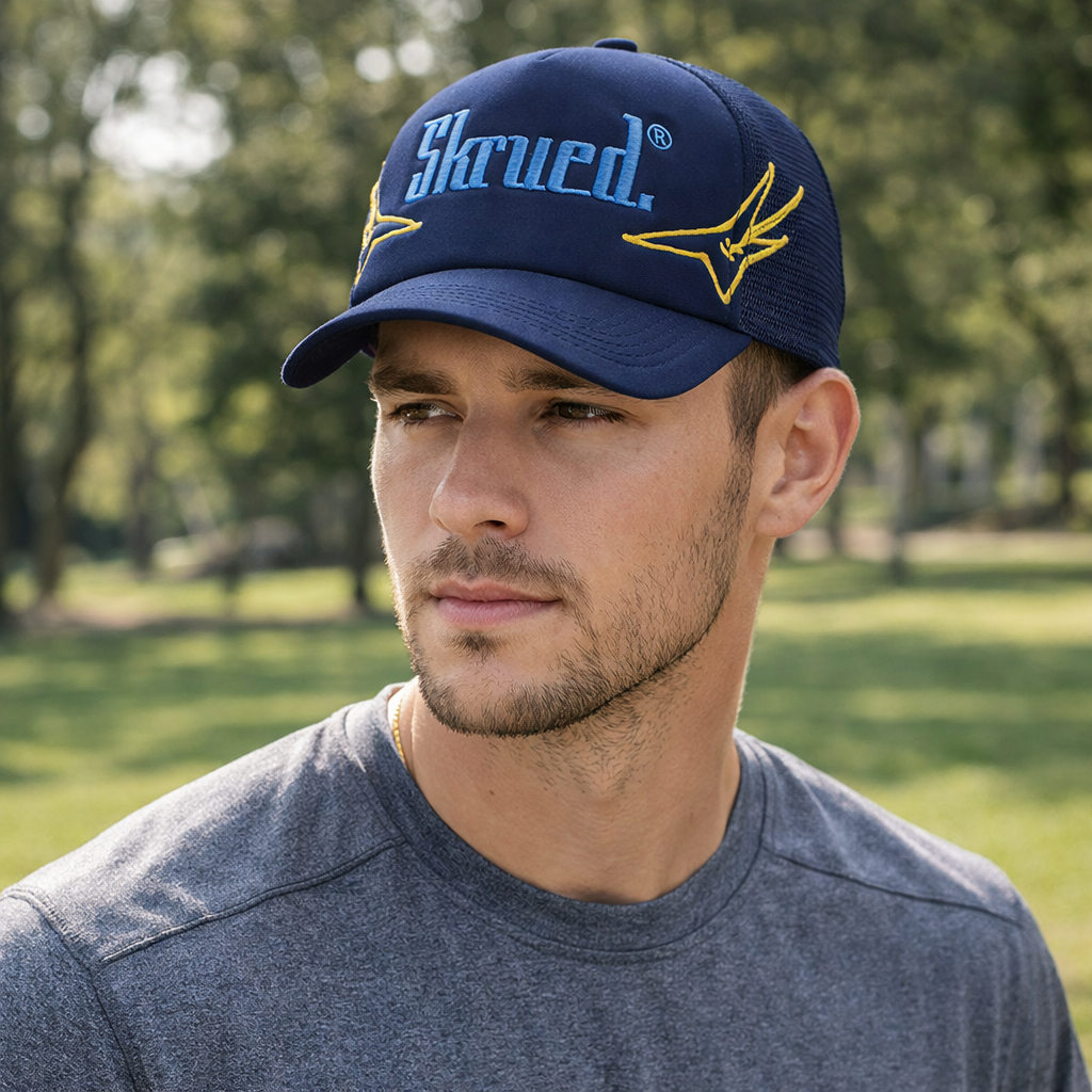Skrued® Foam Front Mesh Back Trucker Hat with Flat Embroidery – Navy Blue