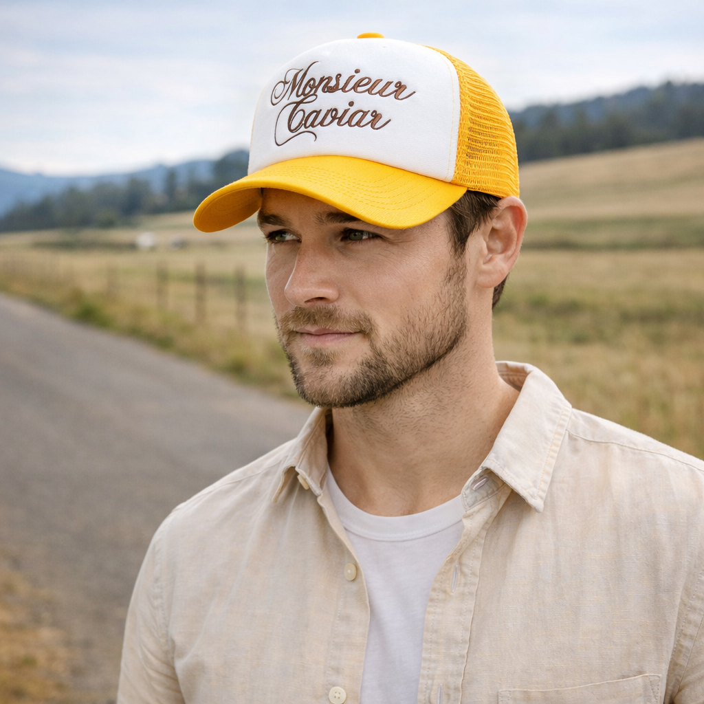 Yellow and White 5 Panel Foam Trucker Hat with Embroidered Script