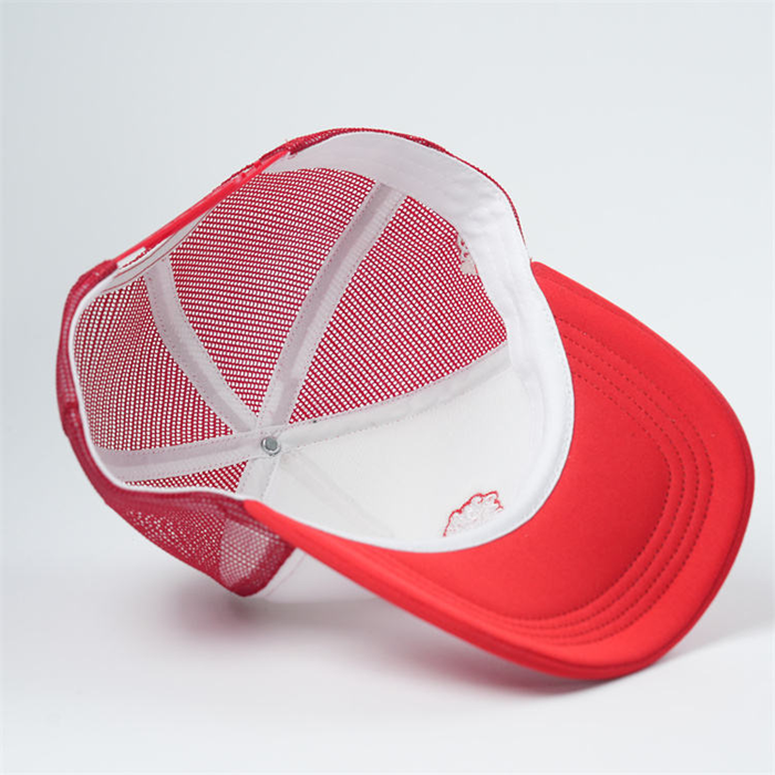 Red & White Foam Trucker Hat with Heart Logo – 5 Panel Mesh Cap