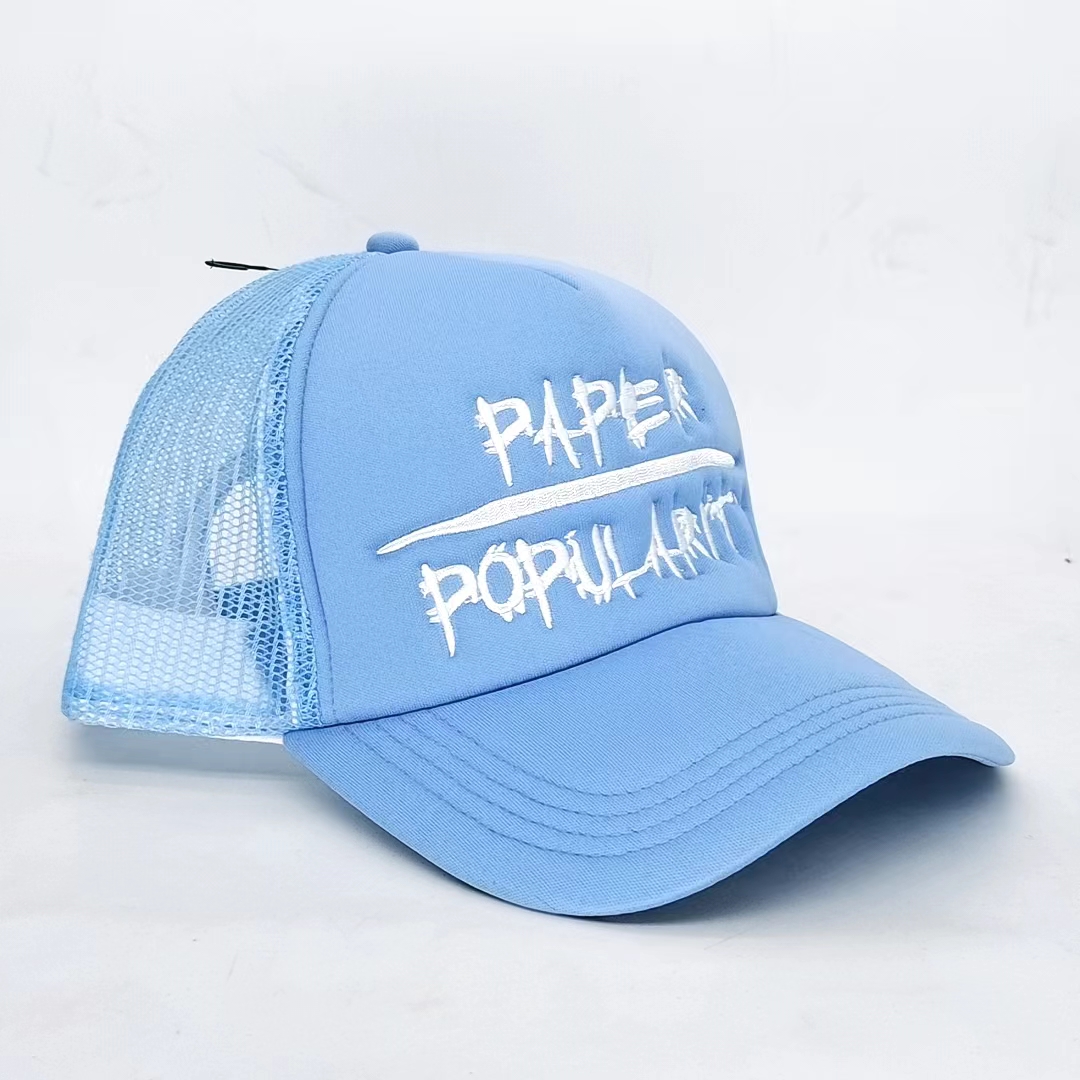 Sky Blue Foam Mesh Trucker Cap with Bold White Lettering