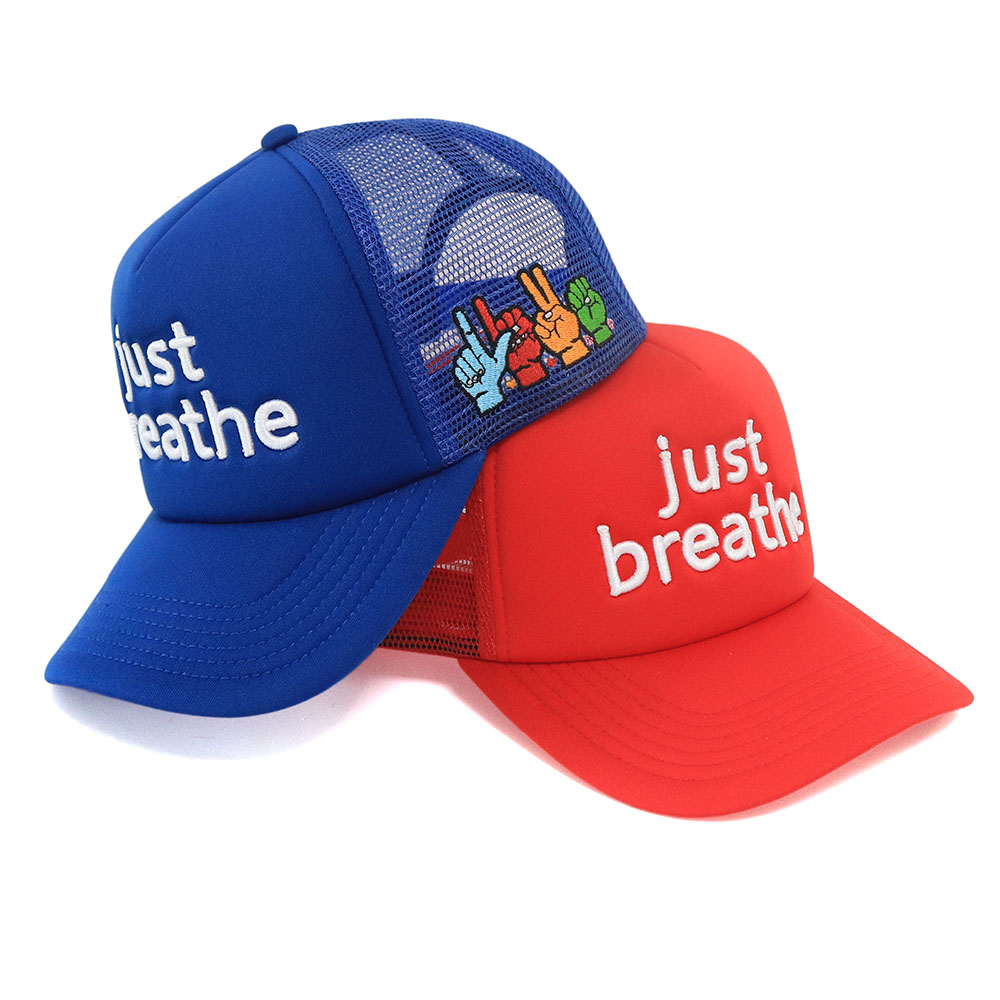 Just Breathe Colorful Foam Trucker Hat with Peace Sign Mesh – Bold 5 Panel Snapback
