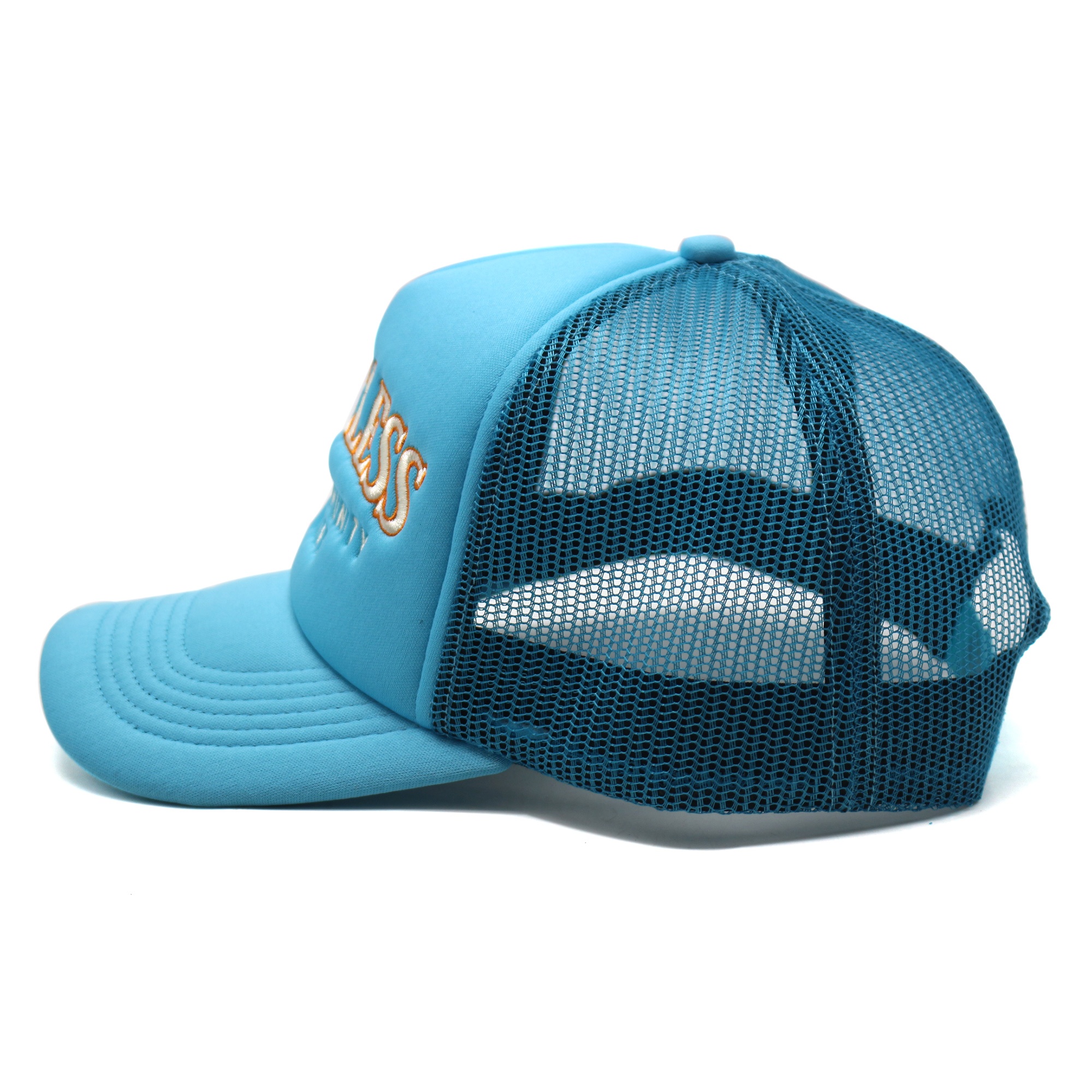 Blue Foam Mesh Trucker Hat with Flat Embroidered Logo