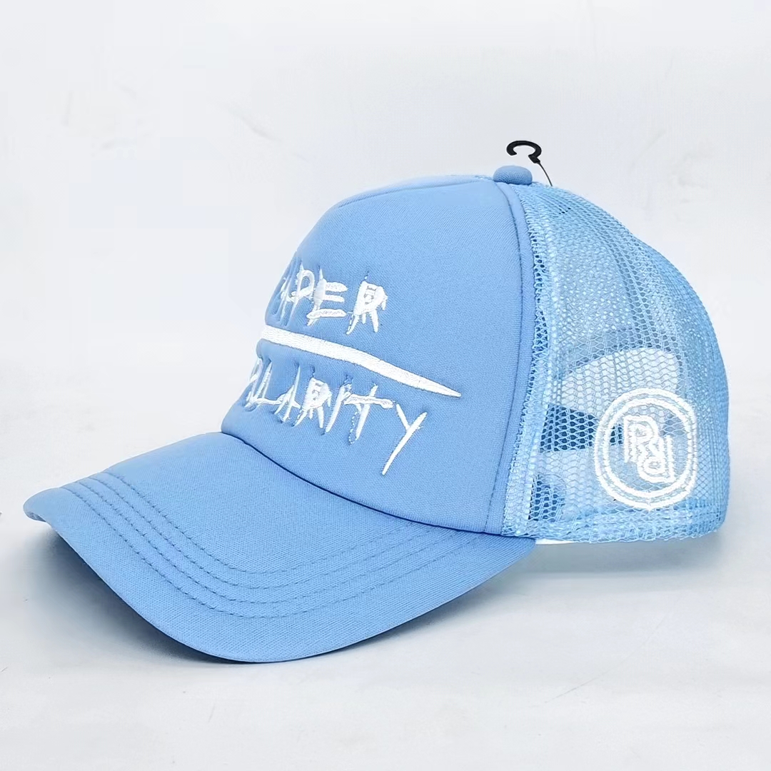 Sky Blue Foam Mesh Trucker Cap with Bold White Lettering