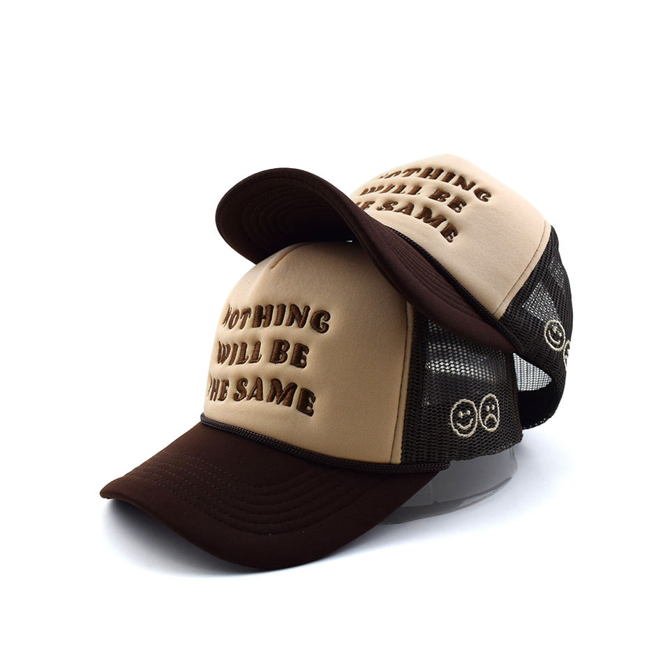 Brown & Beige Foam Trucker Hat with 3D Text Embroidery