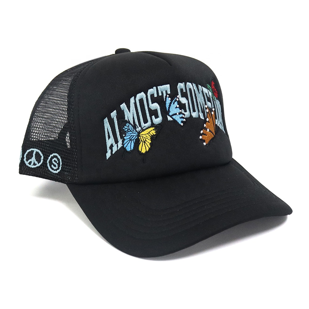 Butterfly Graphic Embroidered Black Mesh Back Trucker Cap