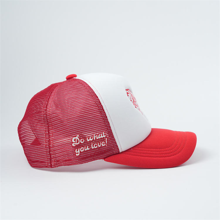Red & White Foam Trucker Hat with Heart Logo – 5 Panel Mesh Cap