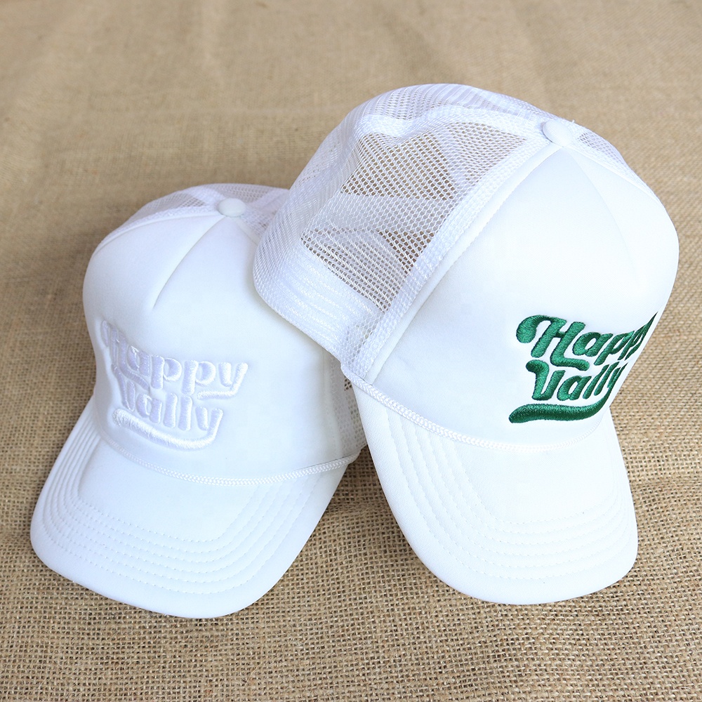 White 5 Panel Foam Trucker Hat with Flat Embroidered Logo
