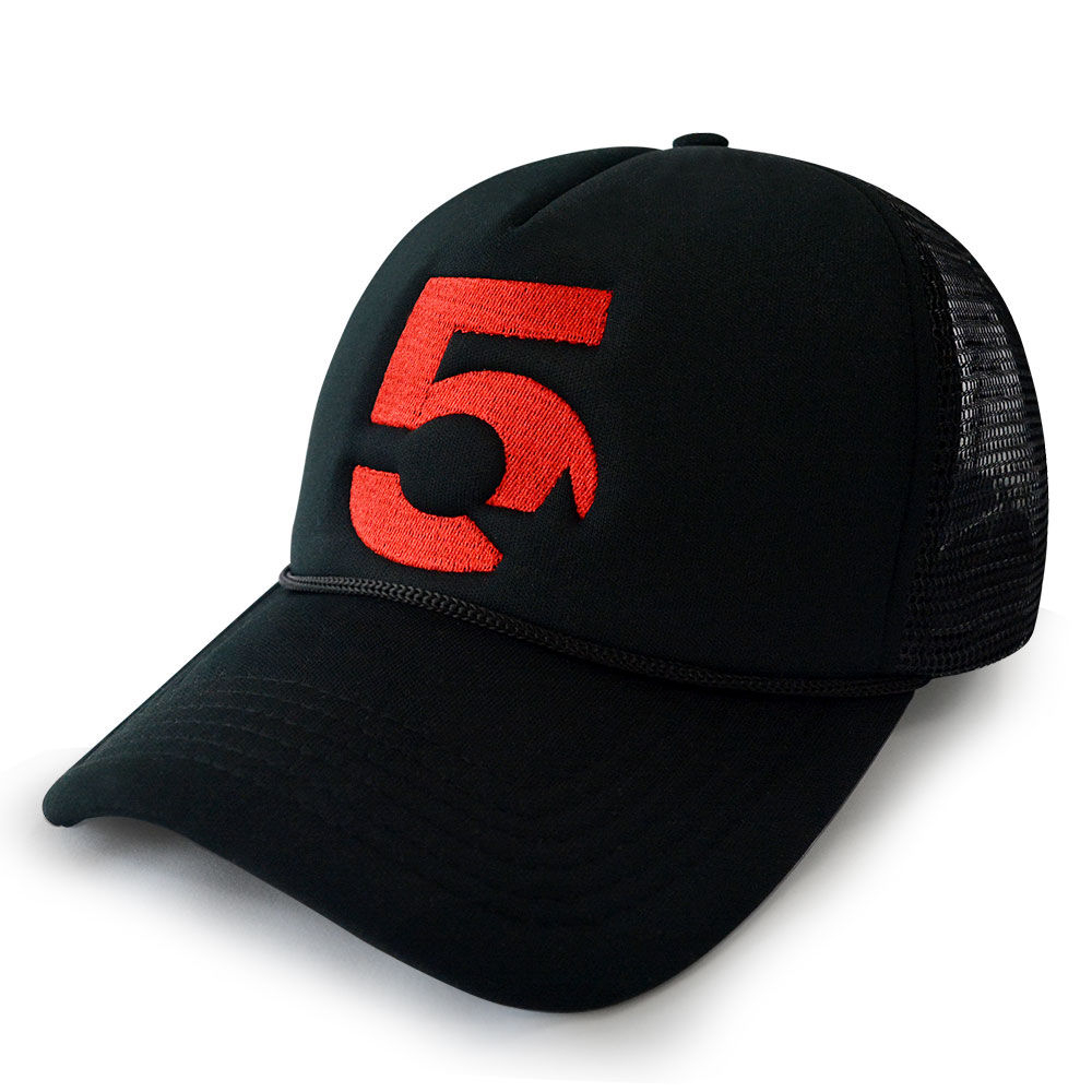 Black Foam Trucker Hat with Red Number 5 Flat Embroidery