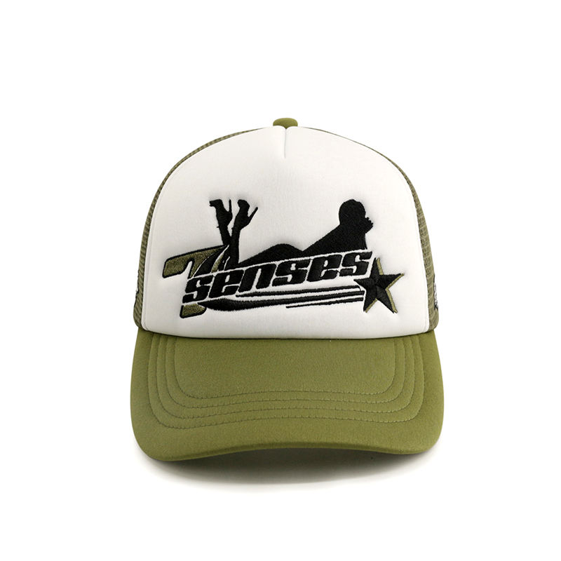 Green & White Foam Mesh Trucker Cap with Star Graphic Embroidery