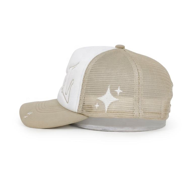Beige and White Foam Trucker Hat with Gothic Letter Embroidery