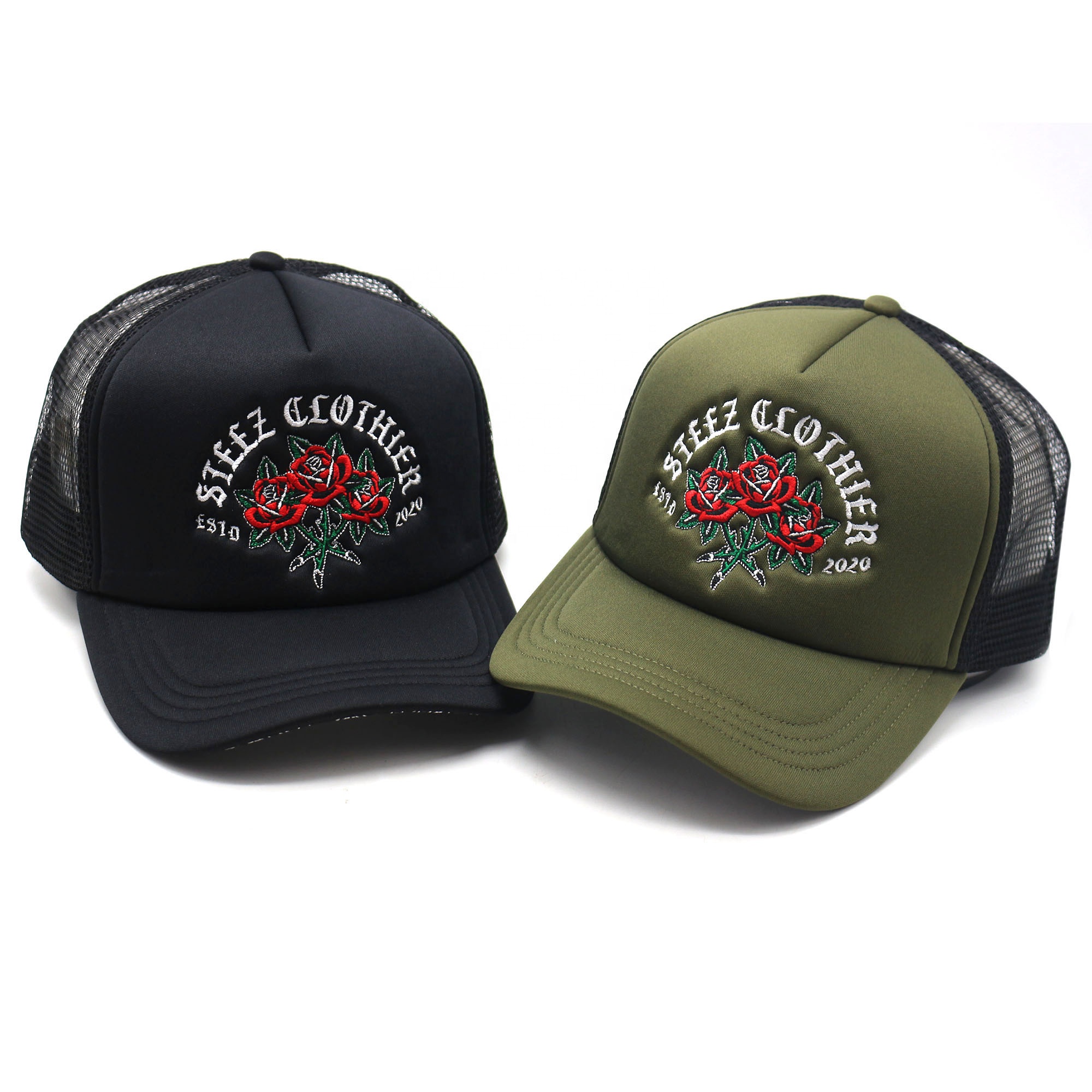 High-Quality Foam Trucker Hat with Flat Embroidered Rose Logo
