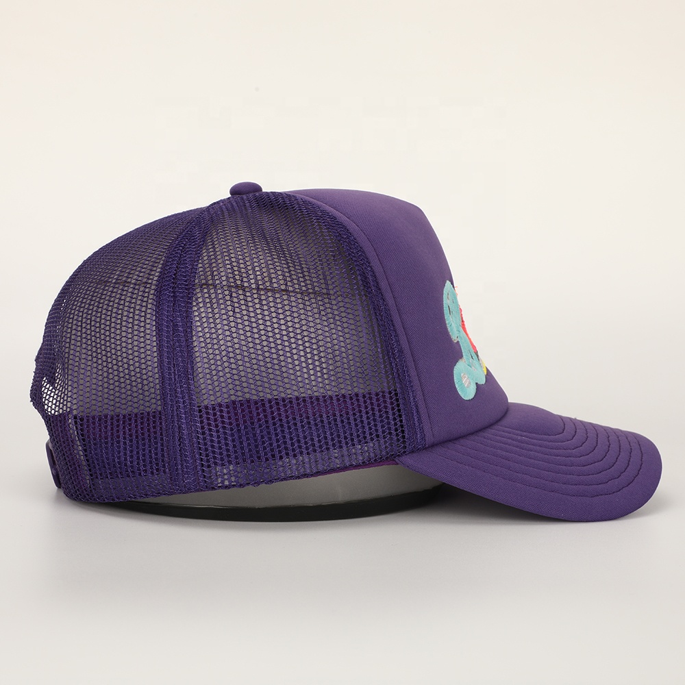 Purple Foam Trucker Cap with Rainbow Script Embroidery (5-Panel Mesh Back)