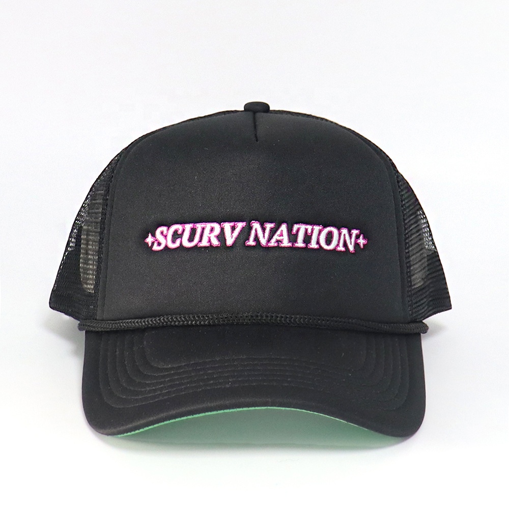 Black Foam Trucker Hat with Pink Embroidered Slogan and Rope Detail