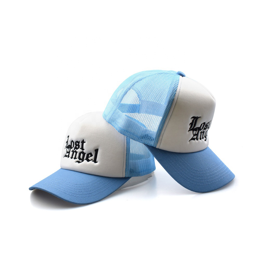 Lost Angel Embroidered Blue White Foam Mesh Trucker Hat – 5 Panel Snapback