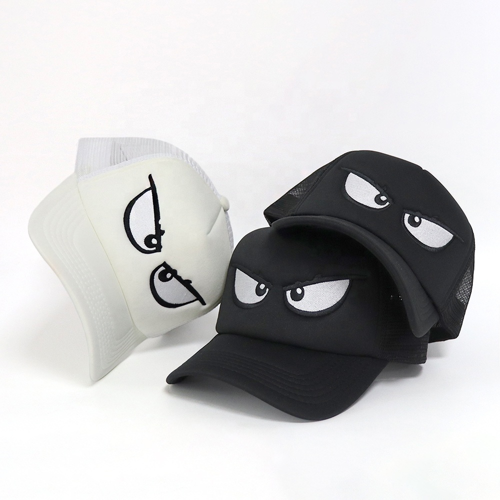 Angry Eyes Embroidered 5-Panel Foam Trucker Hat with Mesh Back