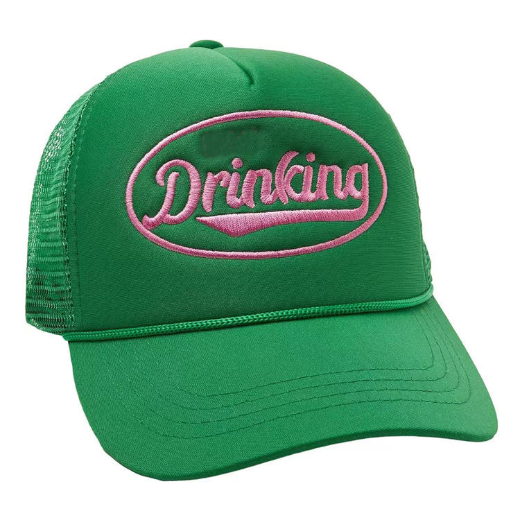 Green Foam Mesh Trucker Hat with Pink Embroidery – Drinking Logo Cap