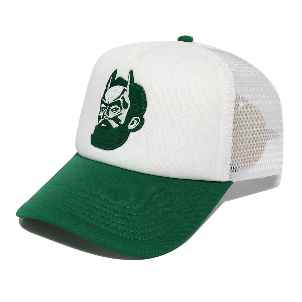 Green and White Embroidered Bearded Hero Trucker Hat