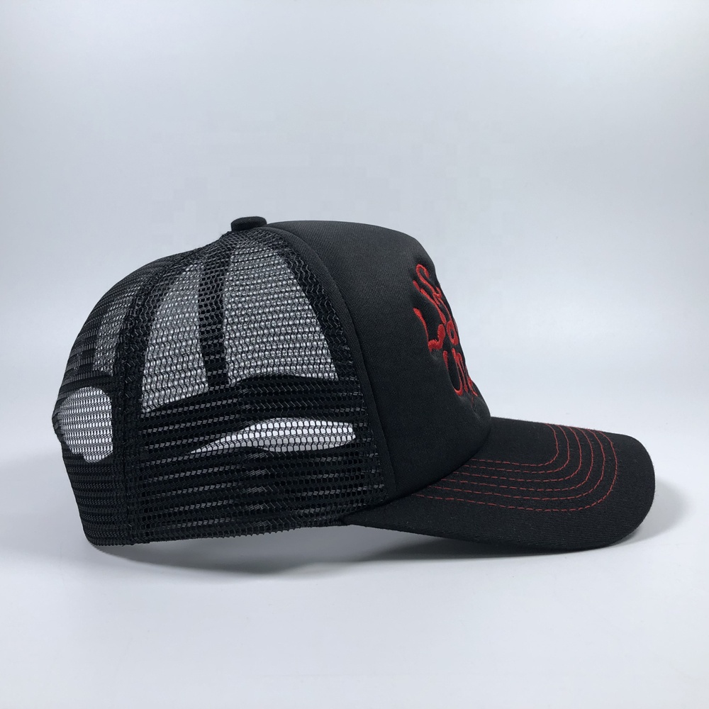 Stylish Black Embroidered Trucker Hat with Red Lettering