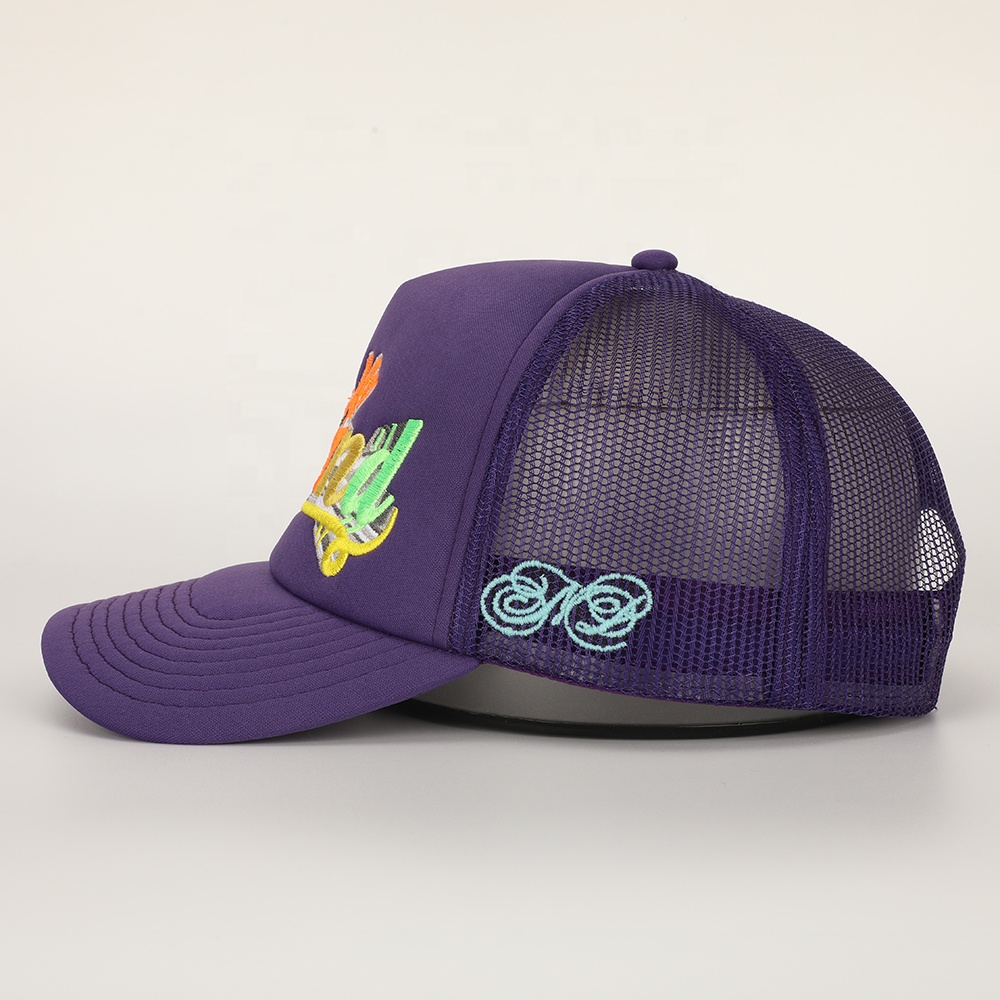 Purple Foam Trucker Cap with Rainbow Script Embroidery (5-Panel Mesh Back)