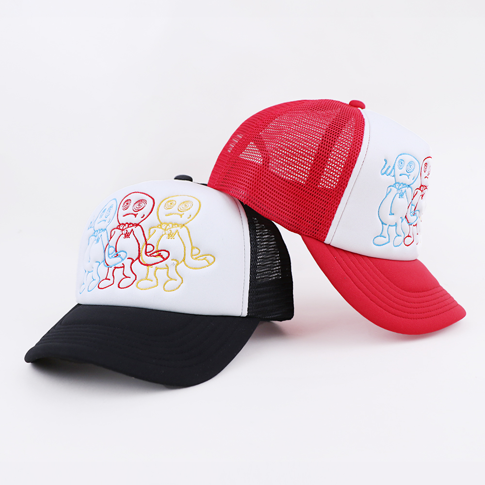 Colorful Cartoon Embroidered Foam Trucker Hat – Playful Mesh Cap for Street Style