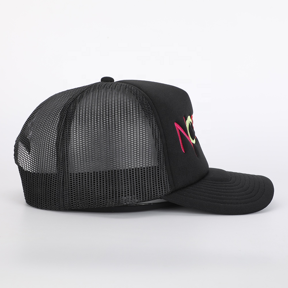 Black 5-Panel Foam Trucker Cap with Bold Logo Embroidery